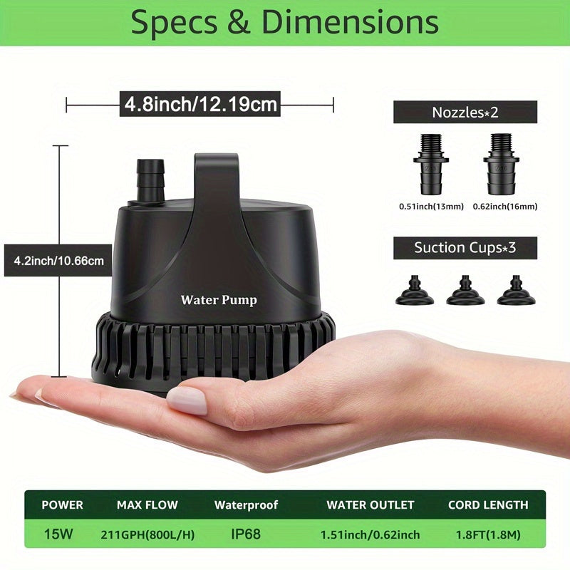 Pompe à eau submersible 211 GPH, pompe de fontaine 15 W, pompe pour aquarium, pompe à eau 800 L/h avec cordon d'alimentation de 213,36 cm pour fontaine de jardin, nappe phréatique, cascade, aquarium, étang, culture hydroponique, sans batterie