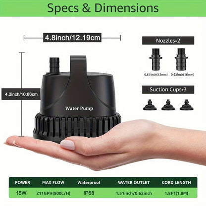 Pompe à eau submersible 211 GPH, pompe de fontaine 15 W, pompe pour aquarium, pompe à eau 800 L/h avec cordon d'alimentation de 213,36 cm pour fontaine de jardin, nappe phréatique, cascade, aquarium, étang, culture hydroponique, sans batterie