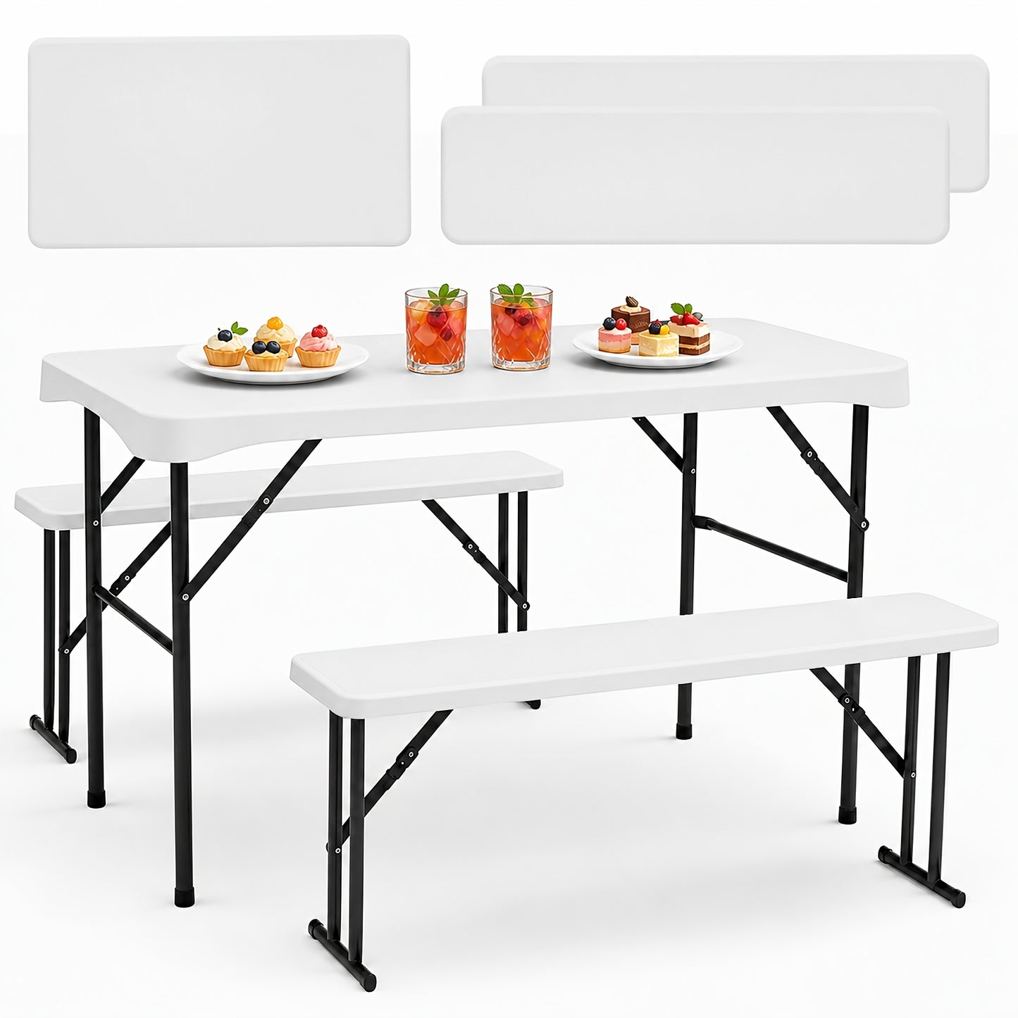 Ensemble de jardin de bière pliable 110 cm (table et 2 bancs), plastique PP robuste avec surface antidérapante, capacité de charge de 200 kg, résistant à la rouille, poignées portables, idéal pour une utilisation intérieure/extérieure pour les réunions de