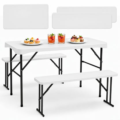 Ensemble de jardin de bière pliable 110 cm (table et 2 bancs), plastique PP robuste avec surface antidérapante, capacité de charge de 200 kg, résistant à la rouille, poignées portables, idéal pour une utilisation intérieure/extérieure pour les réunions de