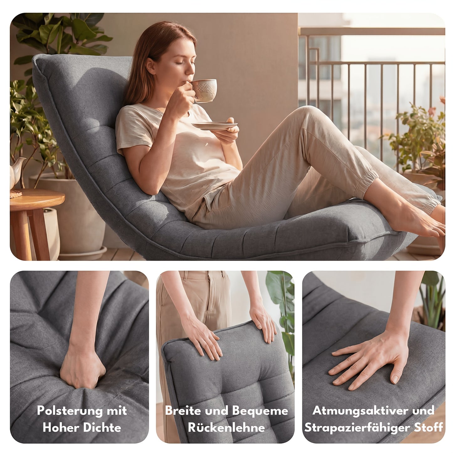 Fauteuil Canapé, Chaise de Sol, Dossier Réglable Rotation 360° Pliable Capacité de Charge 150Kg Design Élégant et Confort Abordable, L'Idéal pour la Décoration Intérieure, Offrant Un Endroit Confortable pour Se Détendre. Noir, Gris