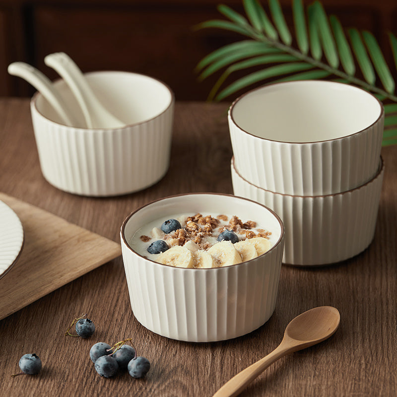 Ensemble de 4 bols de 11 cm (4,5 pouces), 400 ml, blanc perle, avec bords marron foncé dessinés à la main, ensemble de bols, vaisselle en céramique, bol à muesli, bol à petit-déjeuner, bol à dessert, bol à crème, bol à glace, bol à salade, bol à fruits, b