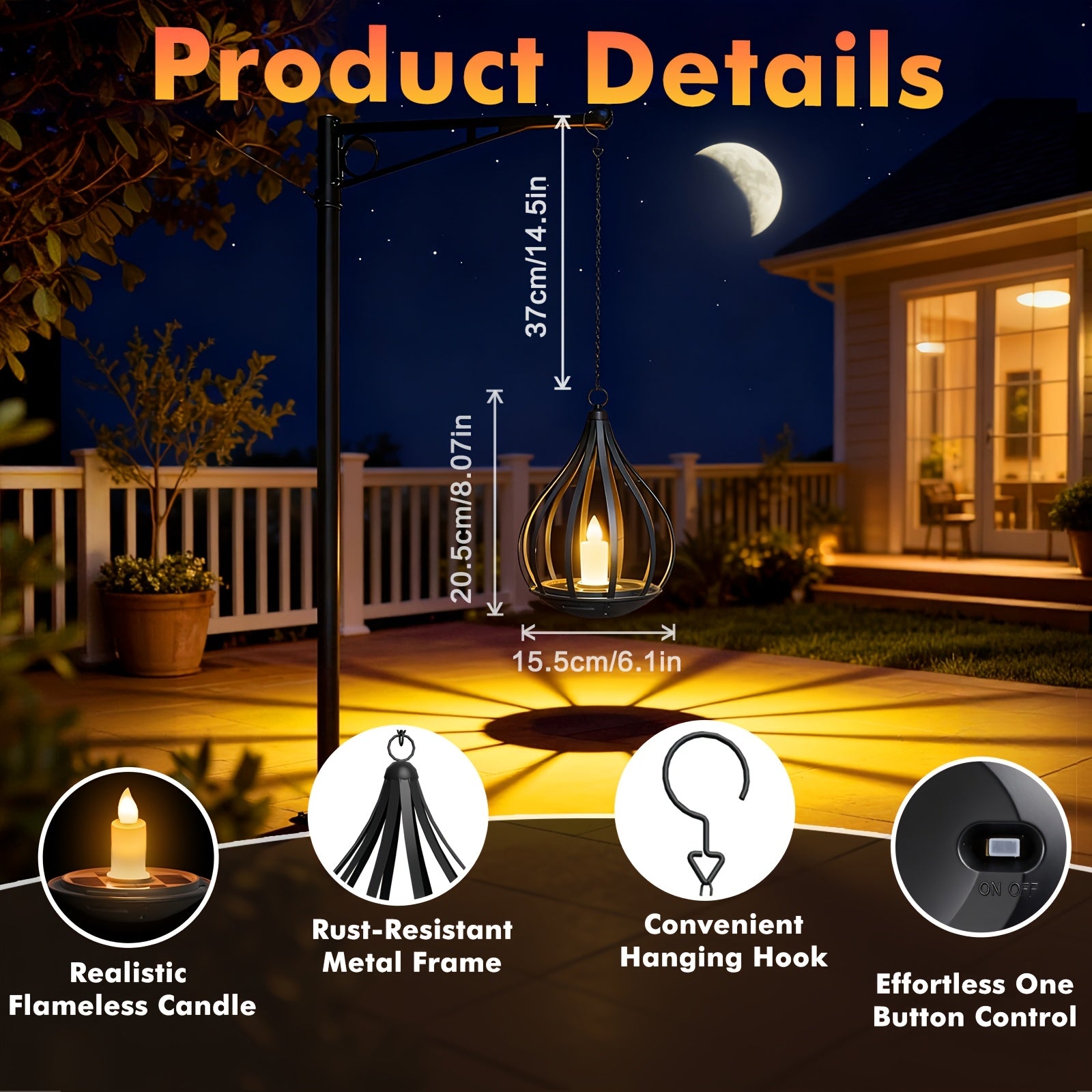 Lanternes suspendues solaires, lampes style bougie avec effet de clignotement LED, adaptées aux tables à manger, jardins, pelouses et décorations de fêtes en plein air, 1/2/4 pièces