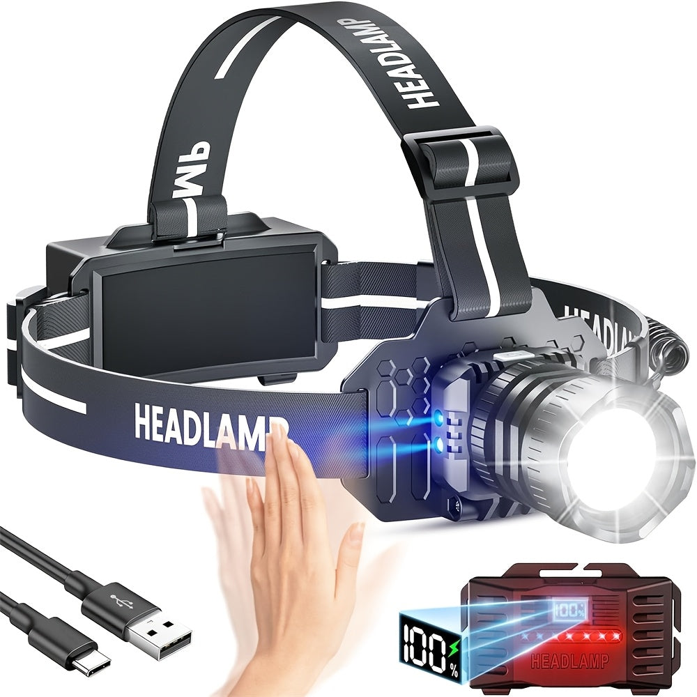 Lampe frontale à induction LED super lumineuse, rechargeable par Type-C, 5 modes d'éclairage, lampe frontale de camping avec lumière rouge, zoom réglable à 90°, pour camping, chasse, randonnée, entretien, exploration