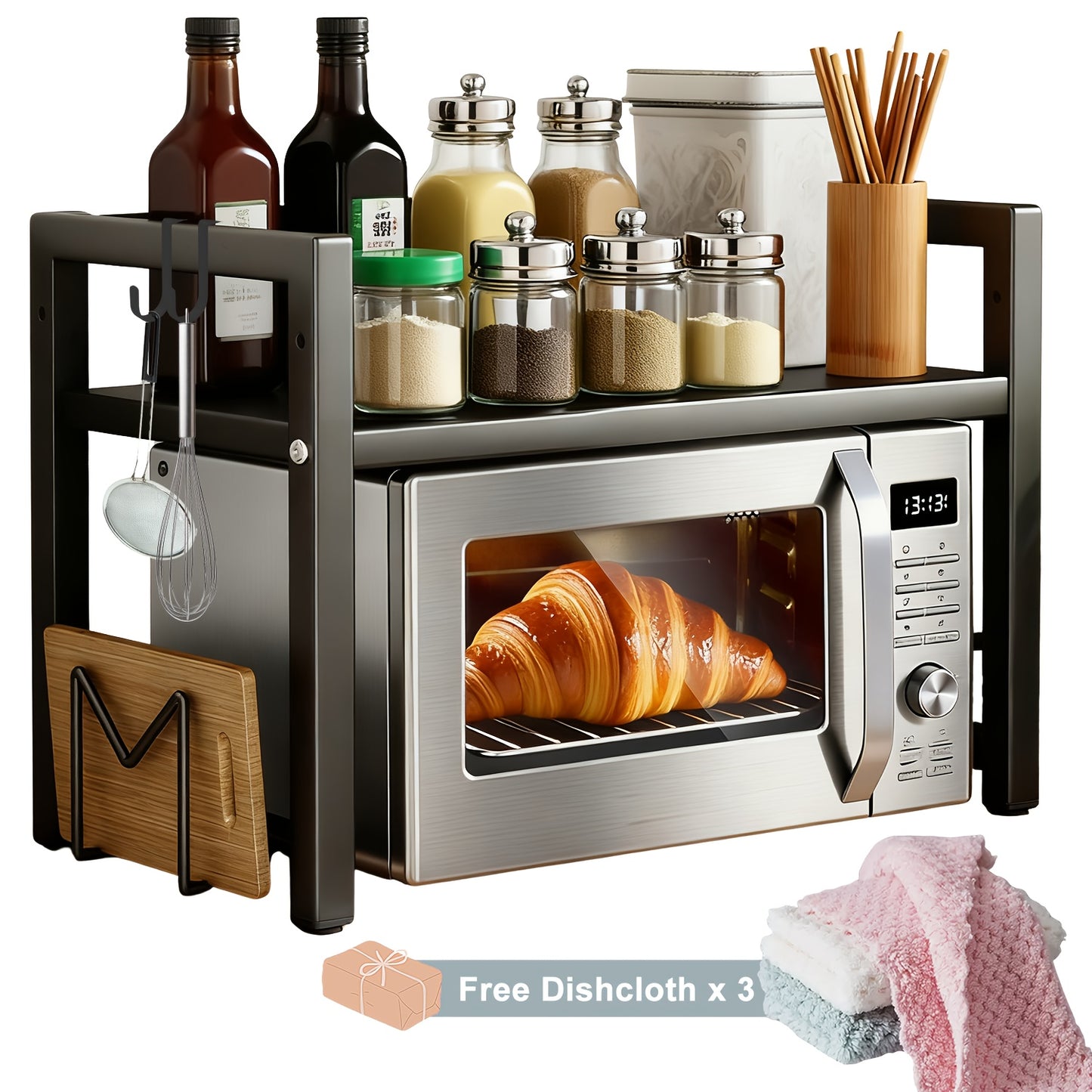 Étagère micro-ondes extensible 2/3 niveaux avec 2 crochets, un porte-planche à découper et 3 serviettes. Largeur réglable de 40 cm à 64 cm, hauteur ajustable. Idéale pour cuisines, bureaux et espaces de travail (noir, blanc)