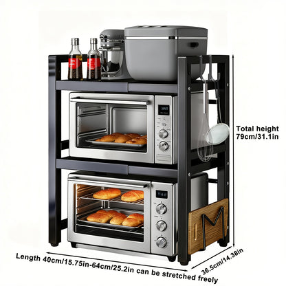 Étagère micro-ondes extensible 2/3 niveaux avec 2 crochets, un porte-planche à découper et 3 serviettes. Largeur réglable de 40 cm à 64 cm, hauteur ajustable. Idéale pour cuisines, bureaux et espaces de travail (noir, blanc)