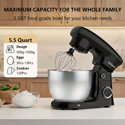 Robot Culinaire 3-en-1, Mélangeur Inclinable 10 Vitesses avec Bouton Pulse, Incluant Bol en Acier Inoxydable de 5,5 L, Crochet à Pâte, Mélangeur, Batteur à Œufs, Spatule