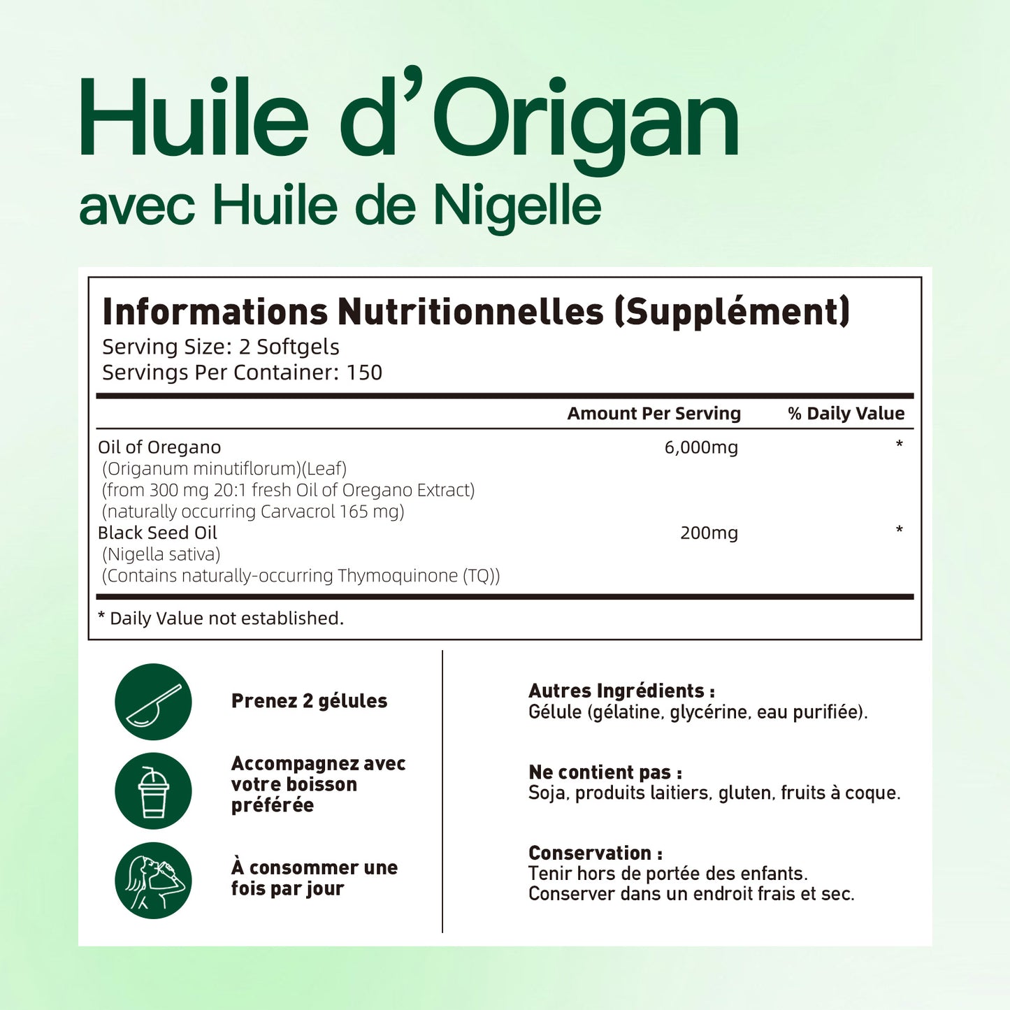 VIVONU Huile d'origan plus huile de graine noire, huile d'origan équilibrée en capsules, gélules d'huile d'origan, carbophénol, thyquinone