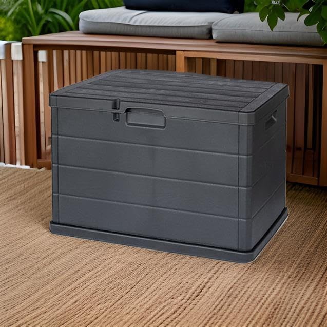 Coffre de jardin Buystar 170L en résine – Imperméable, facile à assembler – Couvercle verrouillable – 78x55x52 cm – Coffre d'extérieur anthracite léger et durable – Organiser, ranger