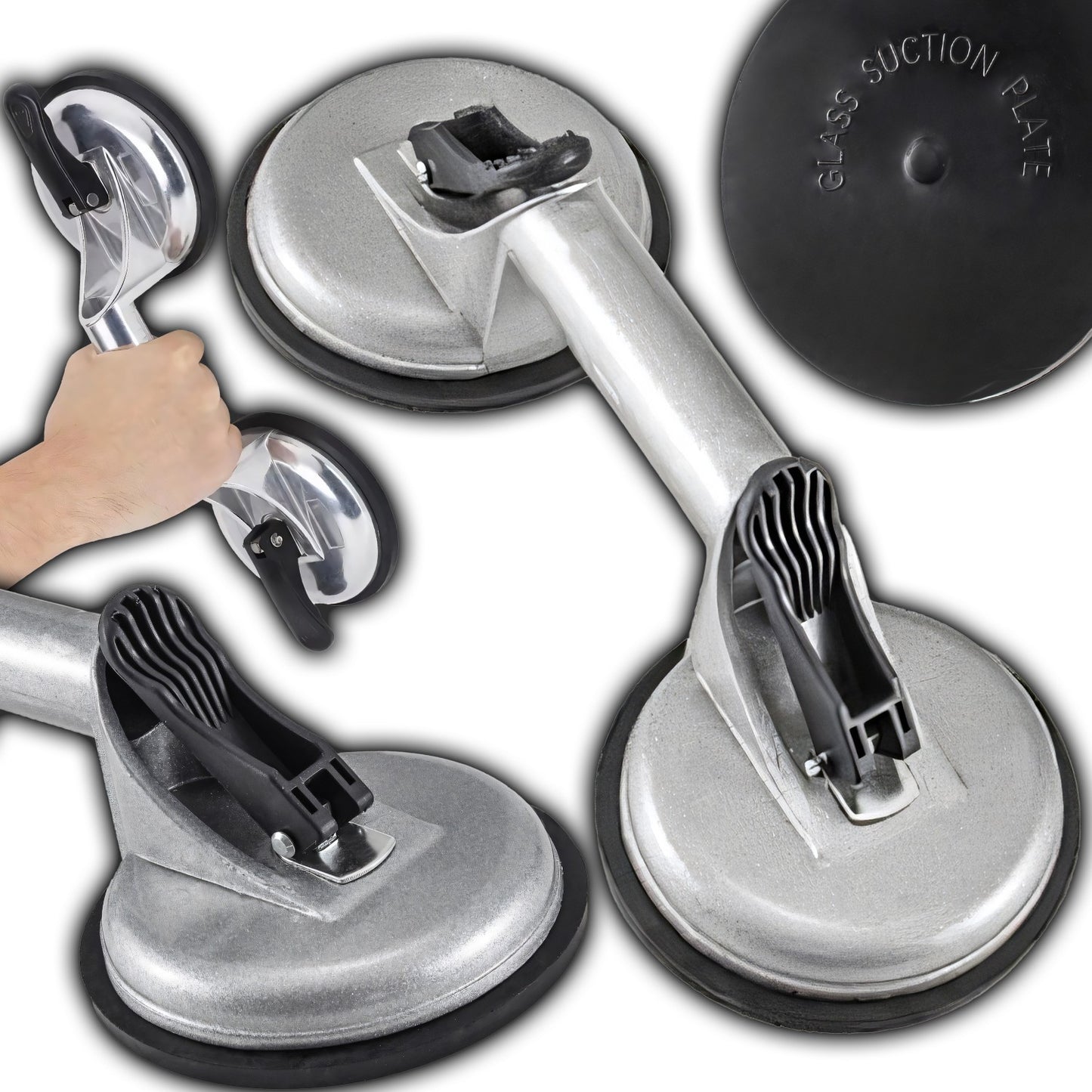 Double Ventouse pour Verre, Vitrage de Carrelage, Supports en Aluminium, Releveur Professionnel avec Levier Mécanique, Surface Antidérapante, Diamètre 2x11,5 cm, Capacité de Charge 60–100 kg, Corps Robuste en Aluminium, Poignée Ergonomique pour Transport