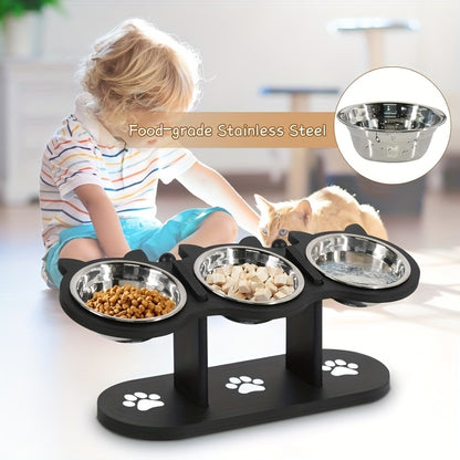 Ensemble de Gamelle surélevée pour Chat avec 4 Bols en Acier Inoxydable - Gamelle Inclinée à 15°, Hauteur Réglable avec Support Noir, Cadeau Idéal pour les Propriétaires d'Animaux