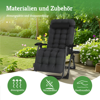 Chaise longue de détente zéro gravité surdimensionnée, 72 cm extra large, inclinable pliable et réglable, capacité de 500 lbs/200 kg, coussin détachable en coton doux avec appui-tête, porte-gobelet, noir gris, pour jardin, terrasse, balcon, patio extérieu