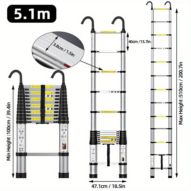 Échelle télescopique en acier inoxydable allant de 2,6 à 6,3 mètres - un design robuste, portable et pliable avec des pieds en caoutchouc antidérapants et un verrou de sécurité, idéal pour la peinture murale, l'accès polyvalent à la hauteur, les travaux d