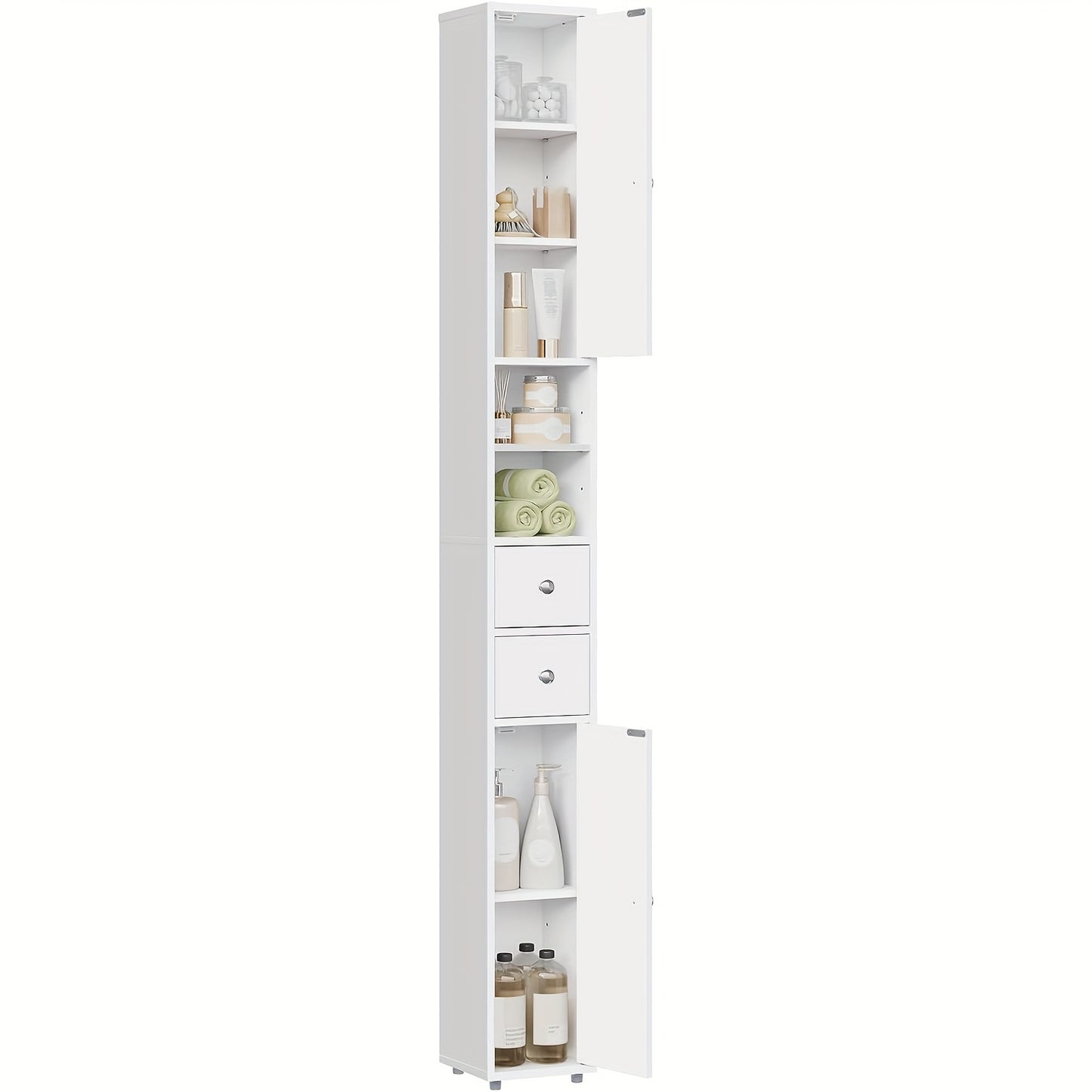 1pièce Armoire de salle de bain, Armoire de salle de bain étroite et haute avec tiroirs, Compartiments de meubles de salle de bain, Étagères ajustables, Portes, Blanc, MDF, 20 x 180 x 20 cm