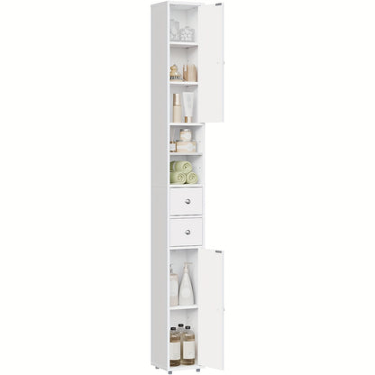 1pièce Armoire de salle de bain, Armoire de salle de bain étroite et haute avec tiroirs, Compartiments de meubles de salle de bain, Étagères ajustables, Portes, Blanc, MDF, 20 x 180 x 20 cm