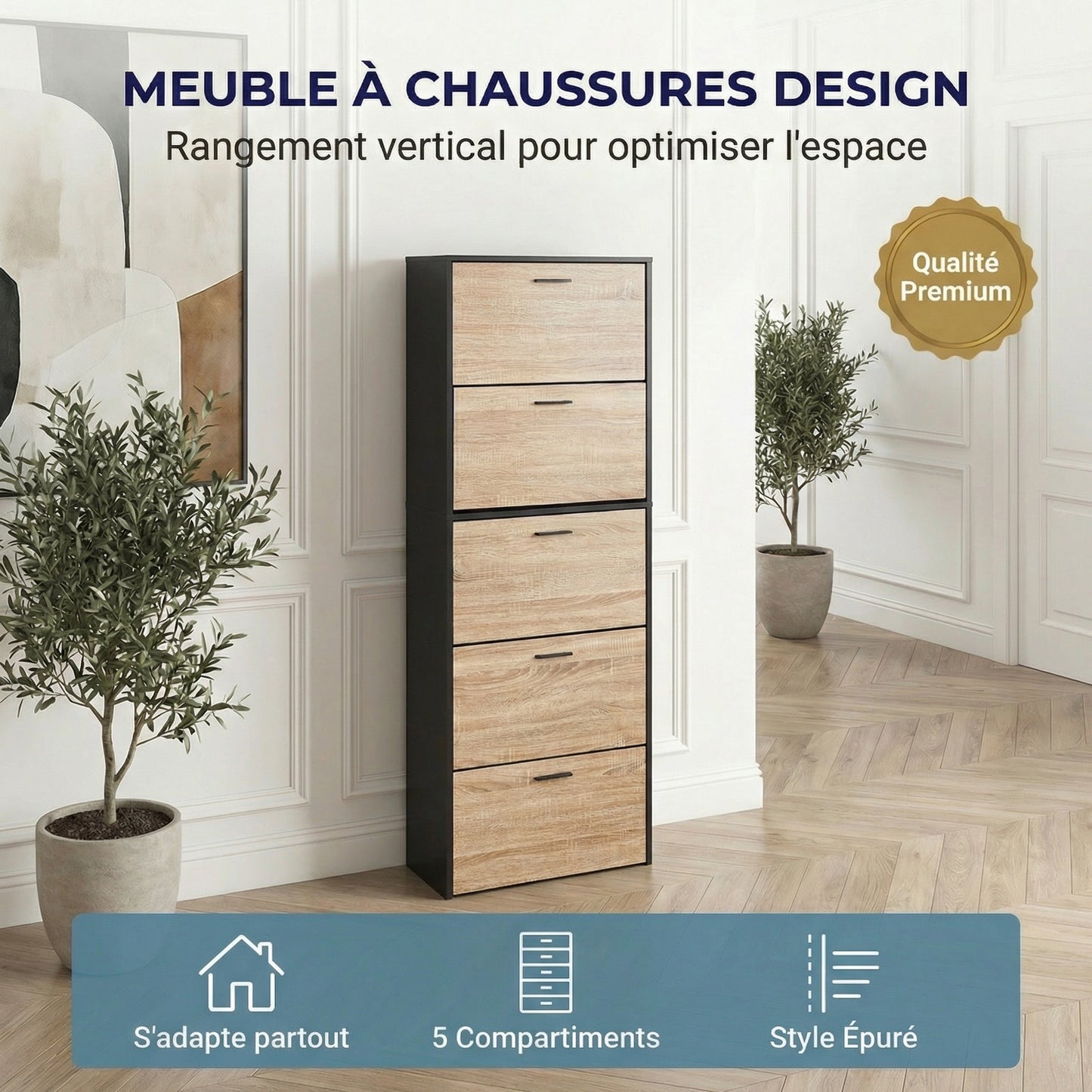 Meuble à chaussures fin avec 5 compartiments à rabat, armoire à chaussures en bois pour jusqu'à 15 paires, organisateur d'entrée peu encombrant