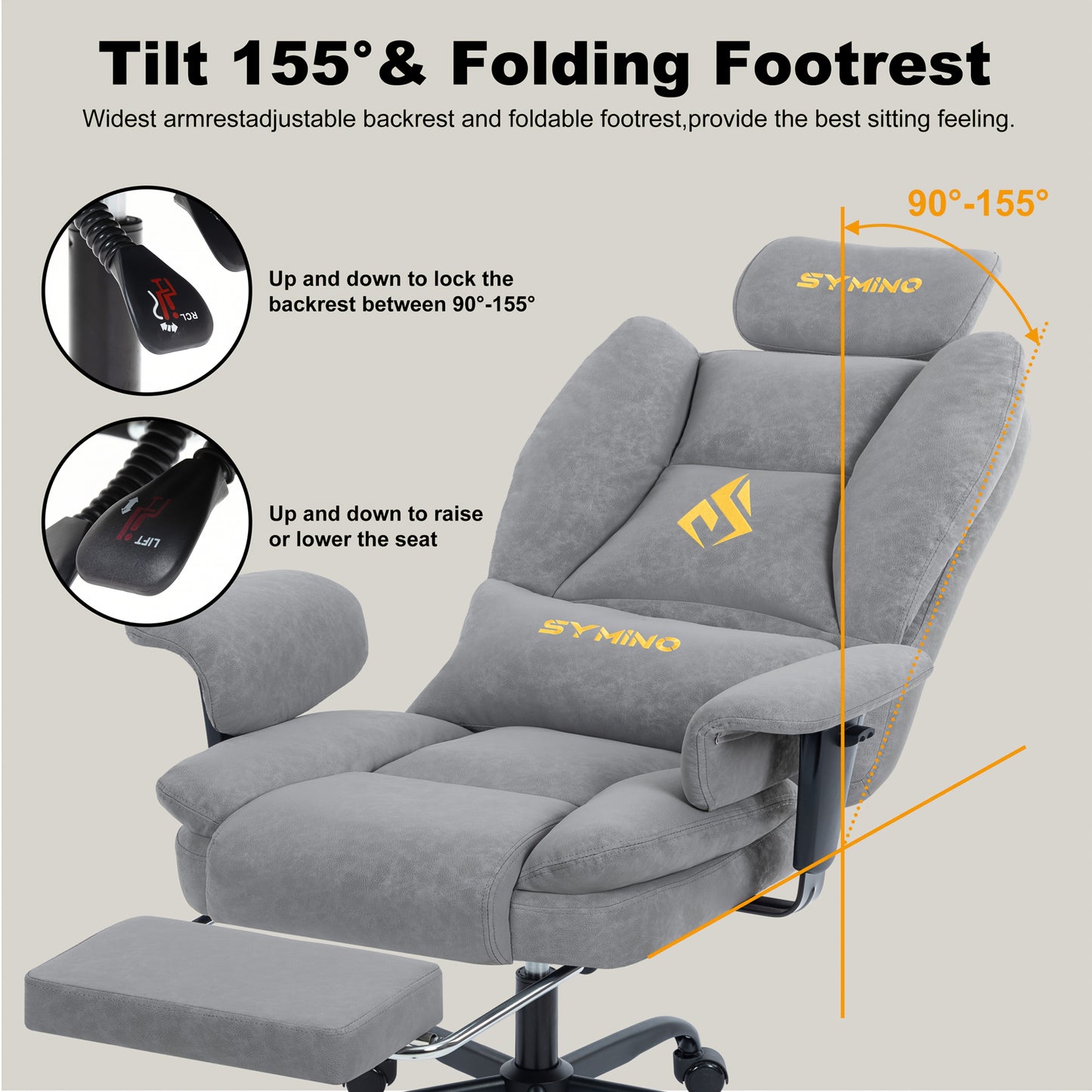 Fauteuil de gaming SYMINO, chaise de bureau ergonomique en cuir PU avec support lombaire - Fauteuil de bureau d'ordinateur inclinable pour adultes, siège de jeu vidéo style course (hauteur et appui-tête réglables)
