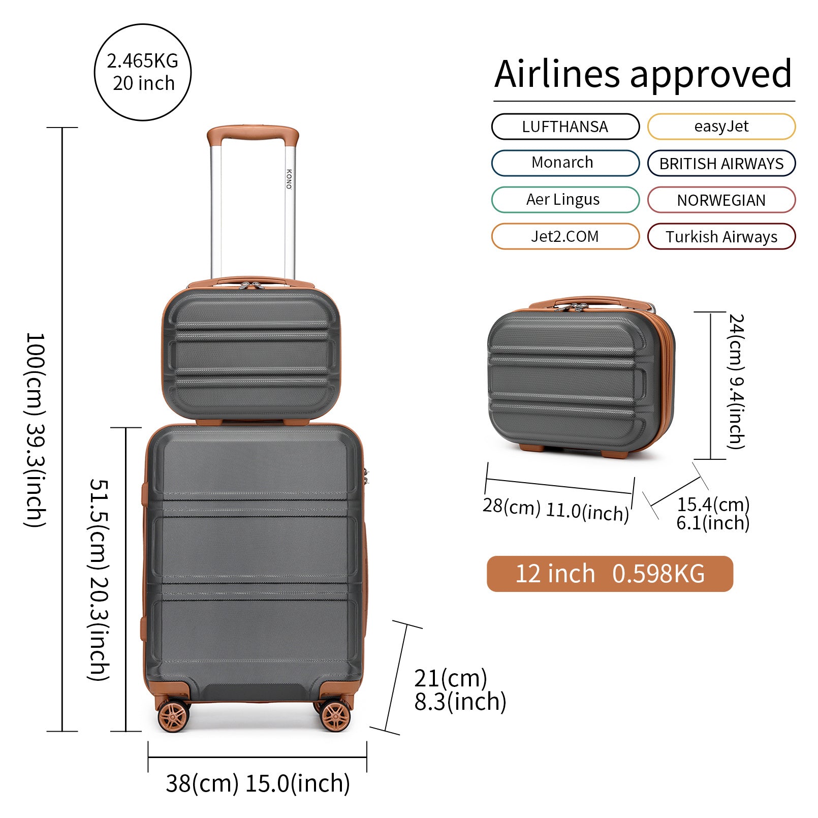 Ensemble de bagages KONO 6 pièces en coque rigide ABS, 12/20/24/28 pouces, valise robuste et durable avec roulettes, cadenas TSA, sac de voyage et trousse de toilette, ensemble de bagages de voyage complet