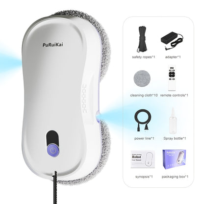 Robot Nettoyeur de Fenêtres Automatique PuRuiKaiM8 2026 | Alimentation Continue, Pulvérisation d'Eau Bidirectionnelle Automatique + Télécommande Intelligente | Corde de Sécurité -Chute de 4,5 mètres | Inclut 10 Chiffons de Nettoyage + Bouteille de Pulvéri