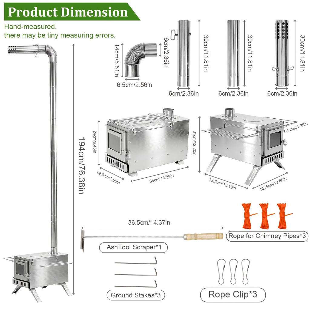 Poêle à bois pour tente, cheminée en acier inoxydable en 7 sections, poêle portable pour tente chauffante, camping, chasse, pêche sur glace
