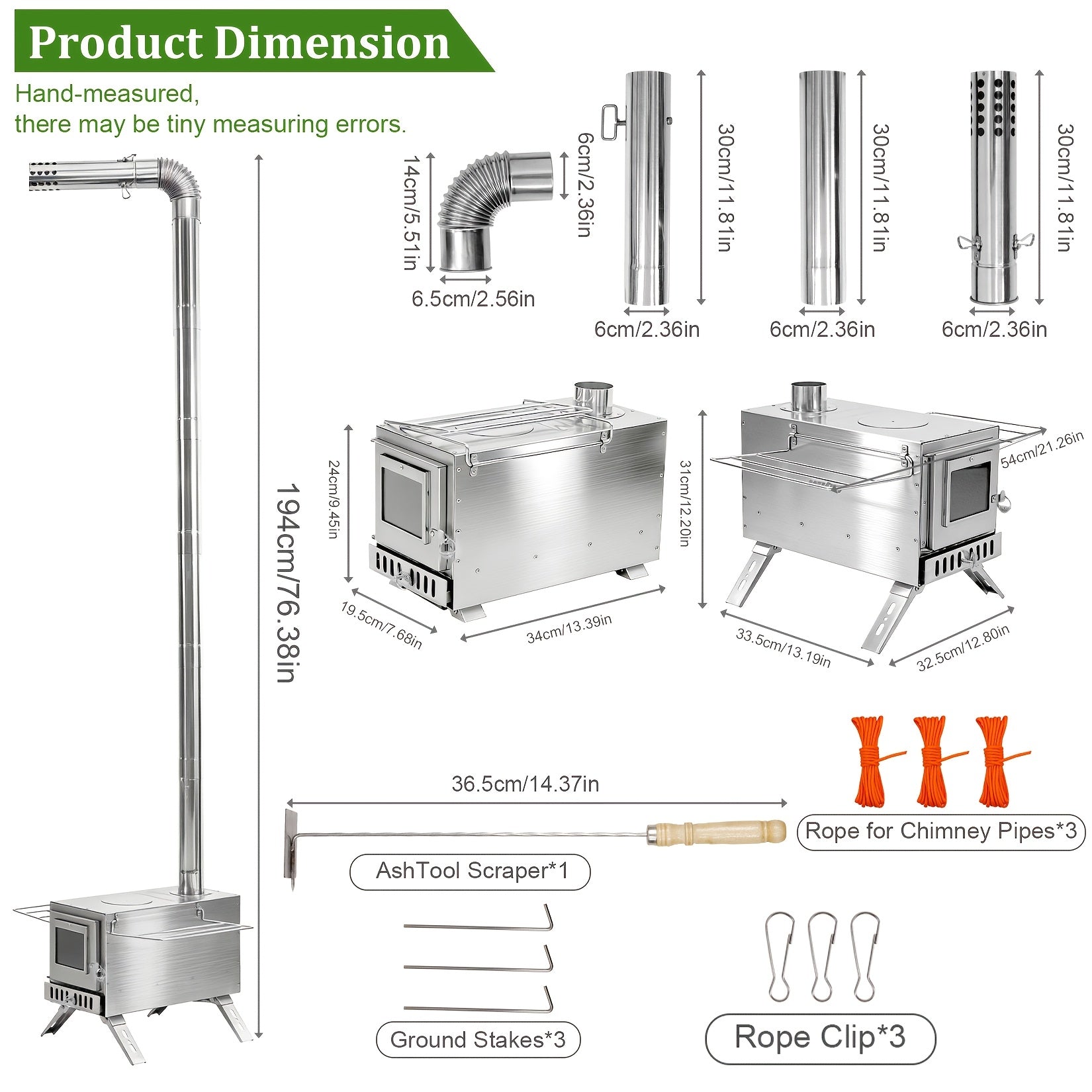 Poêle à bois pour tente, cheminée en acier inoxydable en 7 sections, poêle portable pour tente chauffante, camping, chasse, pêche sur glace