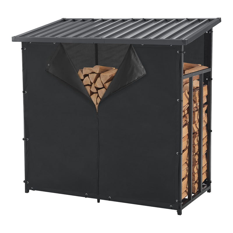 Porte-Bois de Chauffage Extérieur Yakutat avec Couverture, Support en Métal pour Bois de Chauffage, Étagère à Bûches et Aide à Empiler – Noir