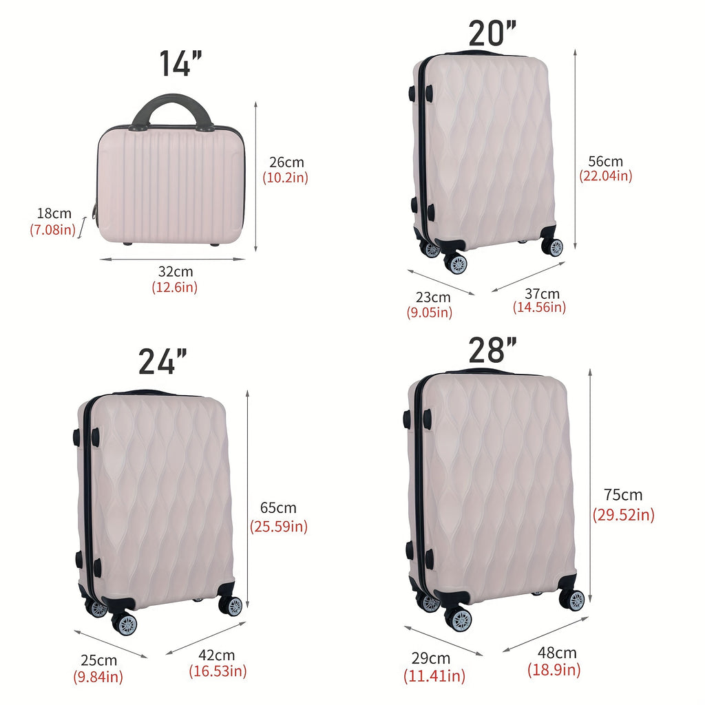 Ensemble de 4 valises rigides à coque dure nouvelles en forme de feuille, gaufrées, en matériau ABS, avec une coque rigide et quatre roues pivotantes silencieuses (12/20/24/28 pouces)