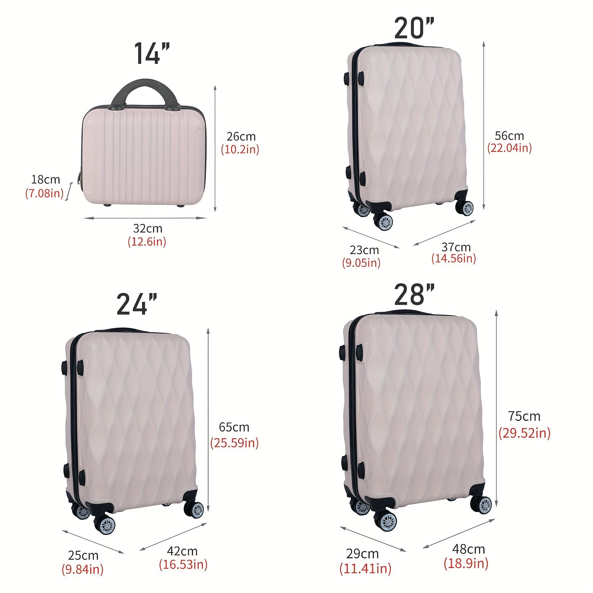 Ensemble de 4 valises rigides à coque dure nouvelles en forme de feuille, gaufrées, en matériau ABS, avec une coque rigide et quatre roues pivotantes silencieuses (12/20/24/28 pouces)