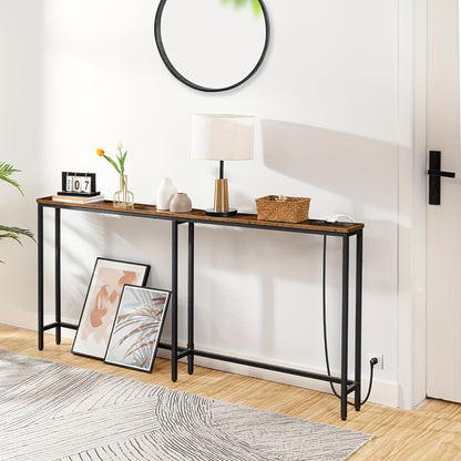 Table de comptoir étroite avec multiprises, table de comptoir avec station de charge, fauteuil étroit, étagère de rangement derrière le canapé, adaptée pour l'entrée et le couloir, marron et noir