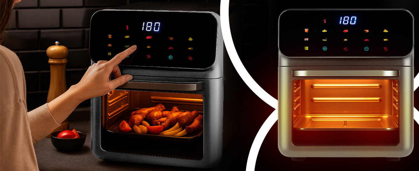 Friteuse à air sans graisse 12L, four multifonctionnel 1350W, 10 modes de cuisson, écran LED tactile, contrôle du temps et de la température 80-200°C, circulation d'air chaud, fenêtre de visualisation avec éclairage, nettoyage facile, ensemble avec gant e