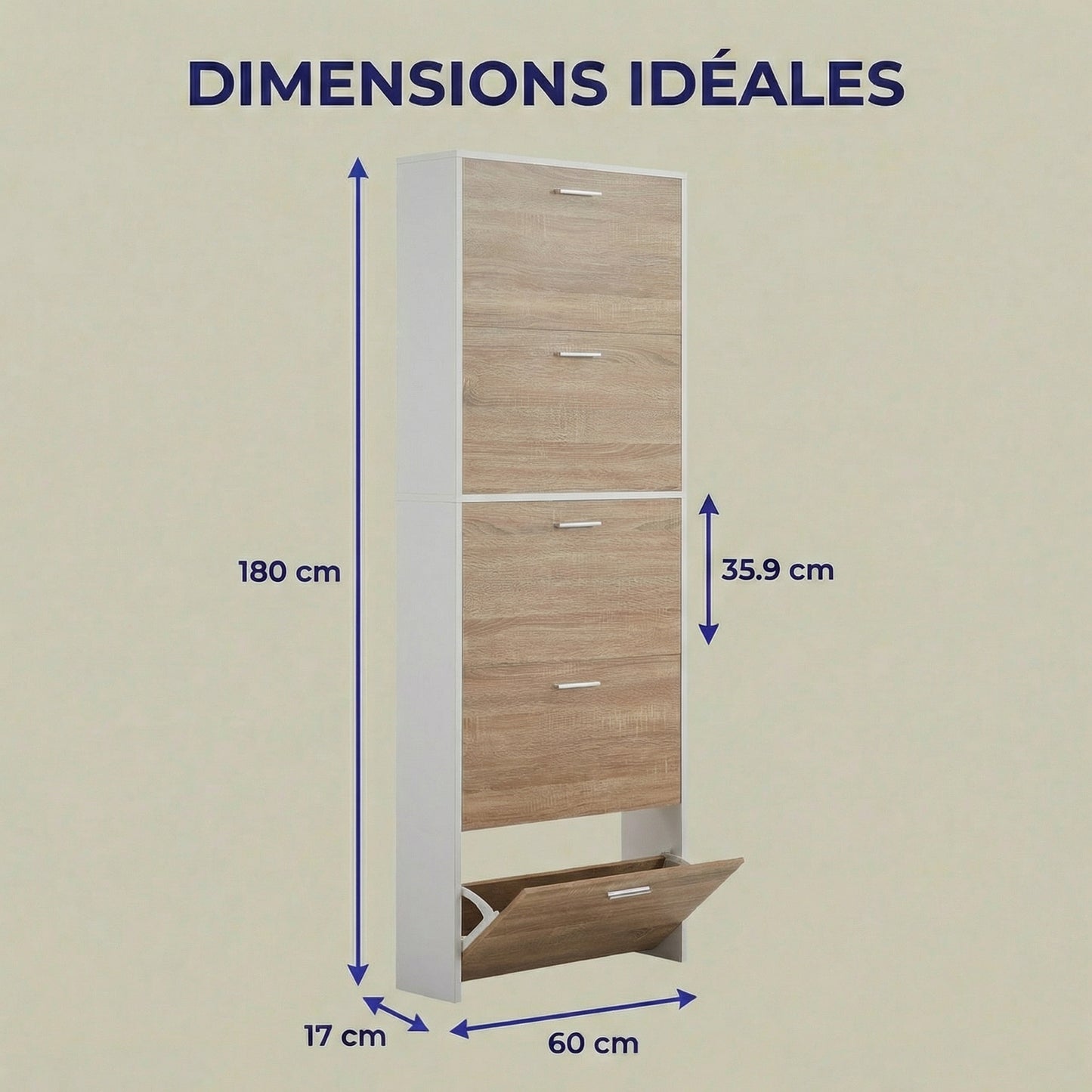 Meuble à chaussures fin avec 5 compartiments à rabat, armoire à chaussures en bois pour jusqu'à 15 paires, organisateur d'entrée peu encombrant