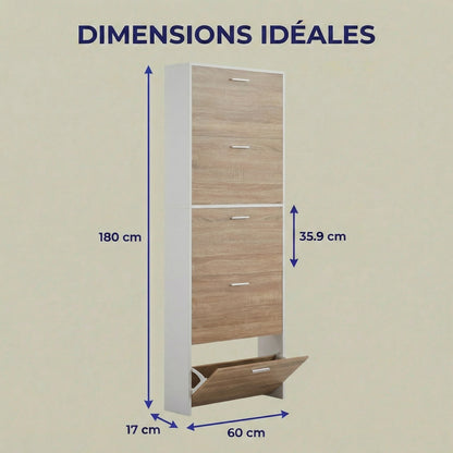 Meuble à chaussures fin avec 5 compartiments à rabat, armoire à chaussures en bois pour jusqu'à 15 paires, organisateur d'entrée peu encombrant