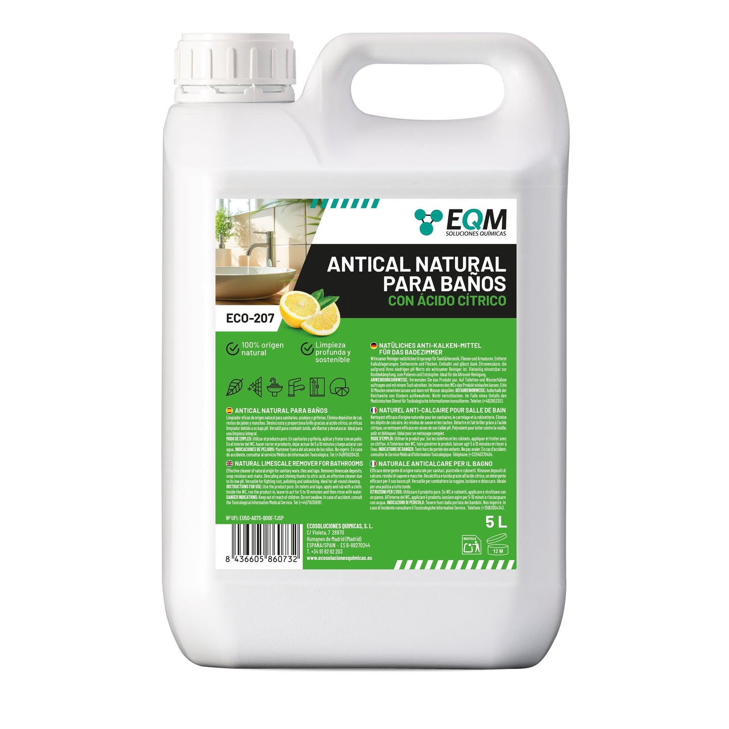 EQM - ECO-207 - ly Nettoyant pour salle de bain - 5L - Avec acide citrique - 100 % - Nettoyant naturel puissant