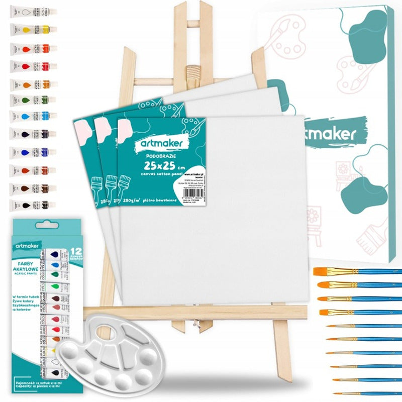 Grand Ensemble de Peinture Artmaker, Ensemble Artistique Complet pour la Peinture avec Chevalet en Bois de 50 cm, 3 Toiles de 25X25 cm, Peintures Acryliques de 12X12 ml, 10 Pinceaux et Palette de Peinture, Ensemble en Plastique Professionnel pour Débutant