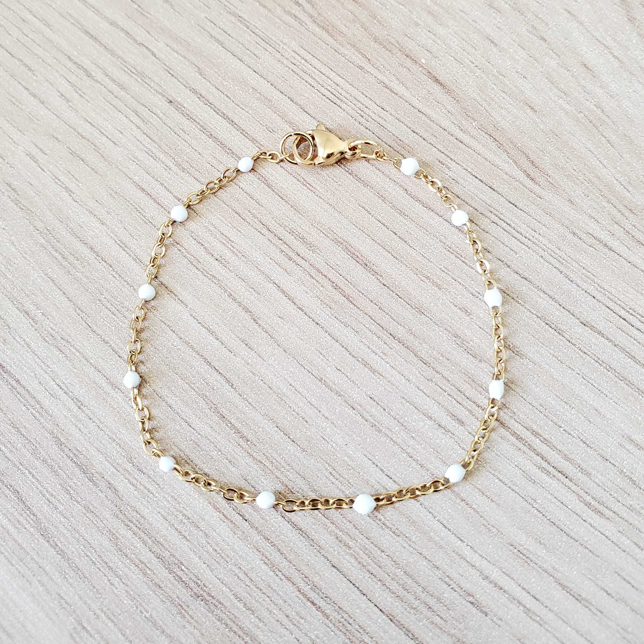Bracelet perles d'email chaine acier inoxydable couleur or artisanal fait main