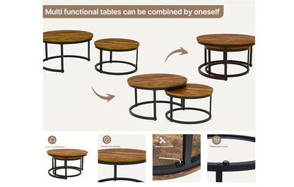 Ensemble de 2 tables gigognes rondes modernes avec cadre et plateau en placage stratifié - Gain de place, convient pour tables basses de salon, chambre, balcon, meubles rétro à assembler pour petits espaces (assemblage requis)