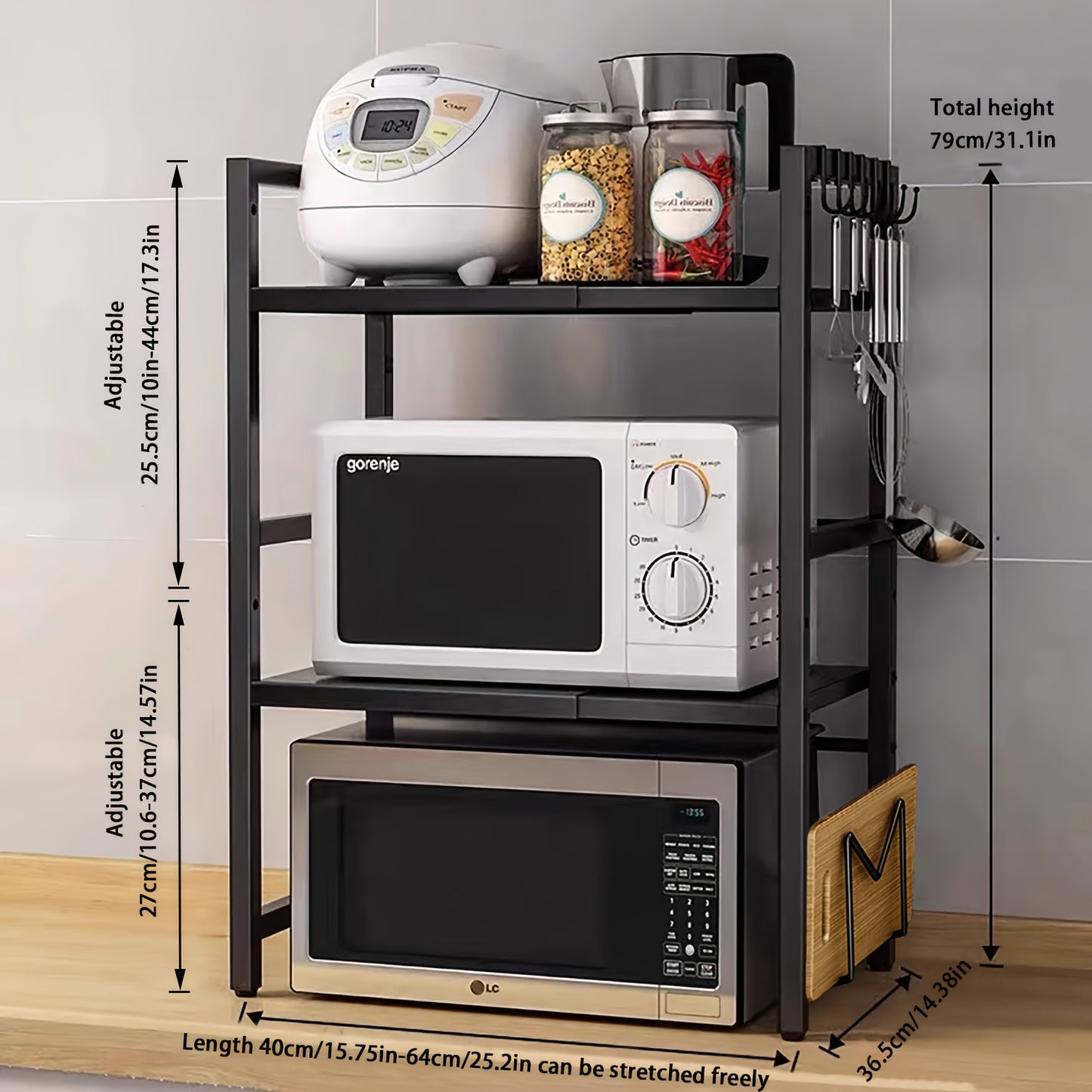 Étagère Micro-ondes Devesanter, Étagère de Cuisson Extensible 3 Niveaux avec 6 Crochets, 3 Porte-Serviettes et 1 Porte-Planche à Découper. Idéale pour Étagères de Cuisine, Étagères à Épices et Rangement de Micro-ondes. Noir. S'étend de 40 cm à 64 cm