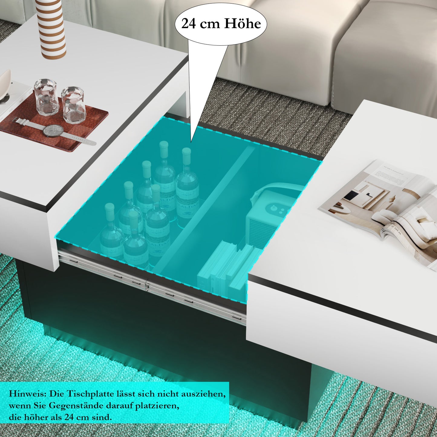 Table basse blanche, table de salon, table d'appoint avec 2 étagères de rangement, 80x58x40 cm, plateau extensible avec bande lumineuse RVB, meuble moderne pour salon, salle de conférence