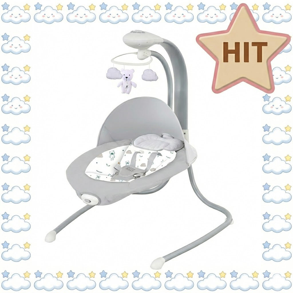Bercelle à bascule électrique rotative à 360° Teddy Plus, chaise longue confortable avec vibrations, mélodies, minuterie, cadre en métal robuste, capacité de poids jusqu'à 9 kg, gris