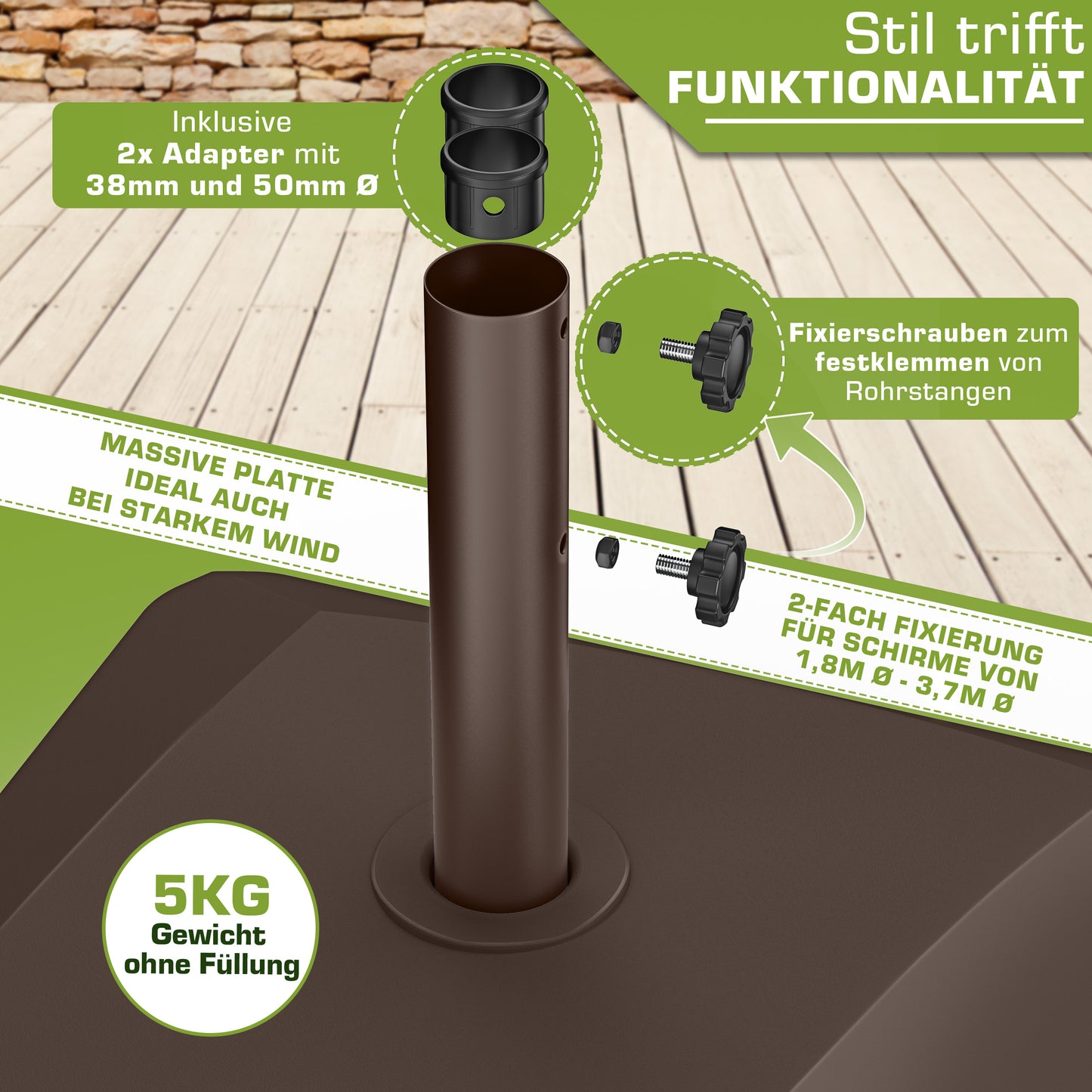 Tillvex® Support de Parasol GRAVIA avec Roues et Freins | Support de Parasol Remplissable 37 Litres / 56 kg | Adapté aux Parasols de Soleil et de Marché Ø 1,8-3,7 m | Roulable, Résistant aux Intempéries et aux UV pour Balcon, Terrasse, Jardin, Petits et G