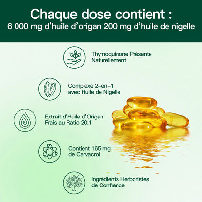 VIVONU Huile d'origan plus huile de graine noire, huile d'origan équilibrée en capsules, gélules d'huile d'origan, carbophénol, thyquinone