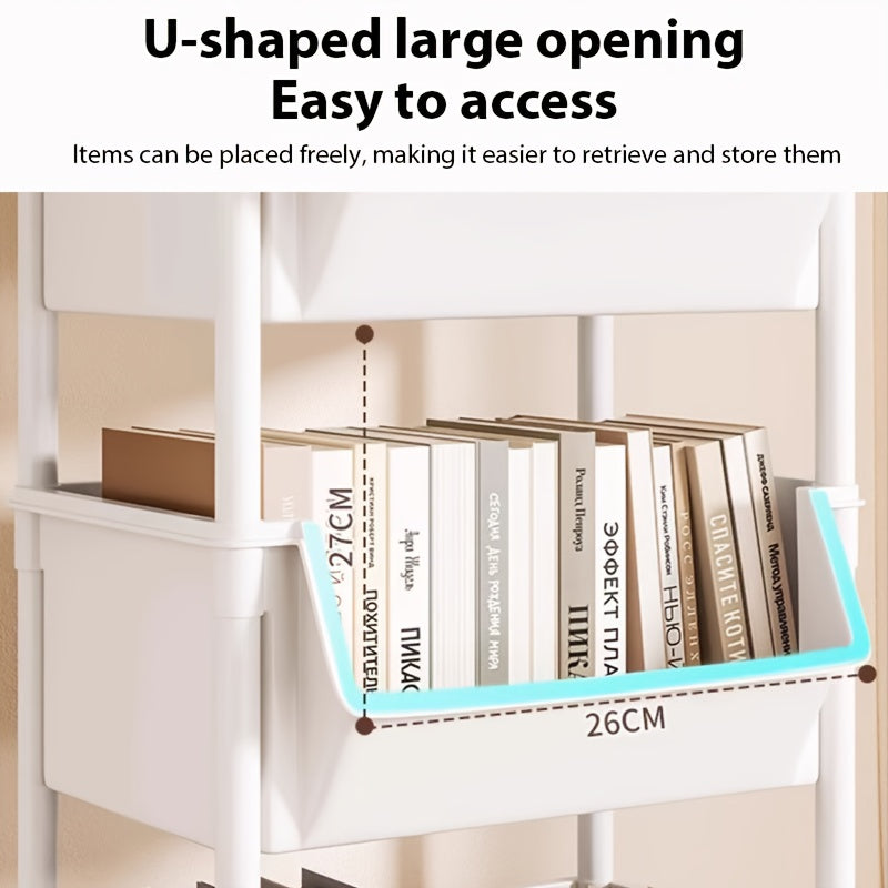 Étagères à roulettes à 5 niveaux, étagère sur pied, assemblage sans outil et étagères en plastique léger pour salon, organisateur de pièce polyvalent, design ludique, roulettes coulissantes fluides, étagères d'angle