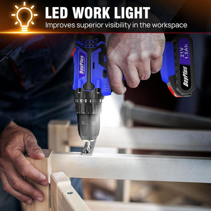 Perceuse combinée sans fil, ensemble de perceuse électrique 21V, perceuse à vis électrique avec réglage de couple 25+1, outils électriques de puissance 60Nm, perceuse électrique, 2 vitesses, lumière LED, kit de perceuse à batterie avec 31 accessoires pour