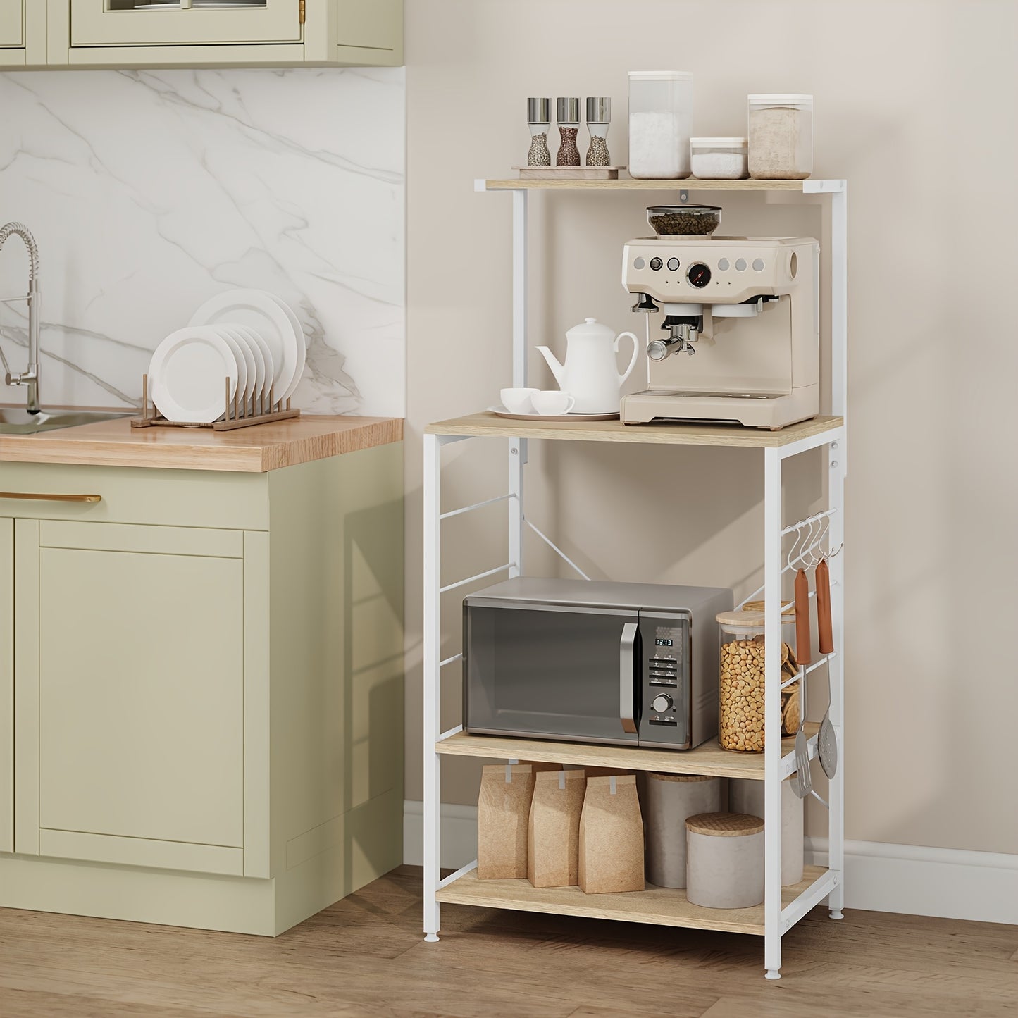 1 étagère de cuisine sur pied, étagère pour micro-ondes, étagère à pain, étagère de ménage, chêne clair + blanc