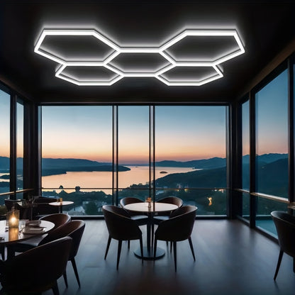 Lumière LED hexagonale 5 grilles/8 grilles/10, 14 grilles avec bordure, 6500K super brillante, facile à installer, design durable pour garage, atelier beauté auto, atelier, salle d'exposition, salle de sport