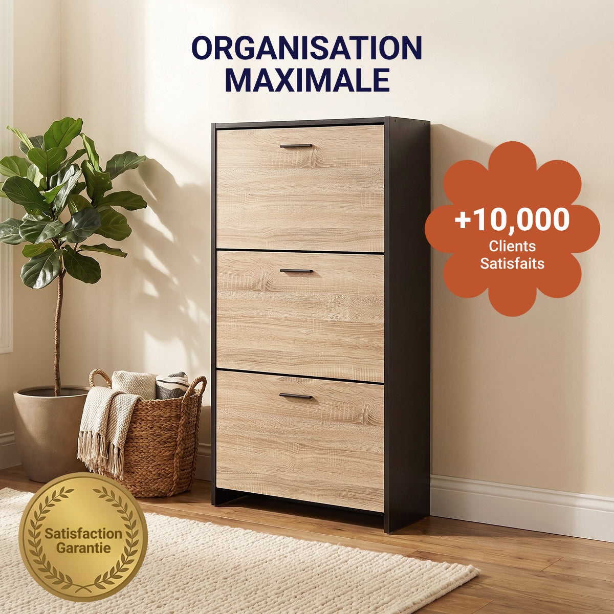Meuble à chaussures avec 3 compartiments à abattant, armoire de rangement en bois pour jusqu'à 18 paires, organisateur d'entrée peu encombrant