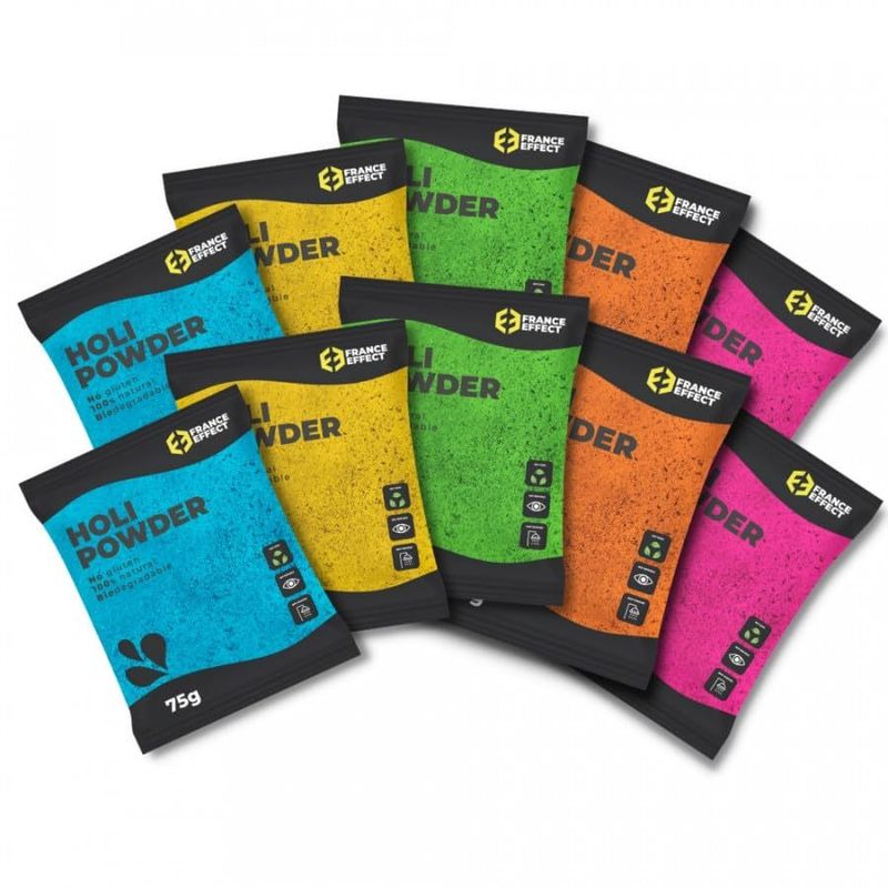 Poudre Holi - Pack 10 Sachets de poudre HOLI Multicolore 75g - Mélange de Bleu, Rose, Jaune, Vert et Orange - 100% Naturel, Non Toxique et Sans Gluten - France Effect