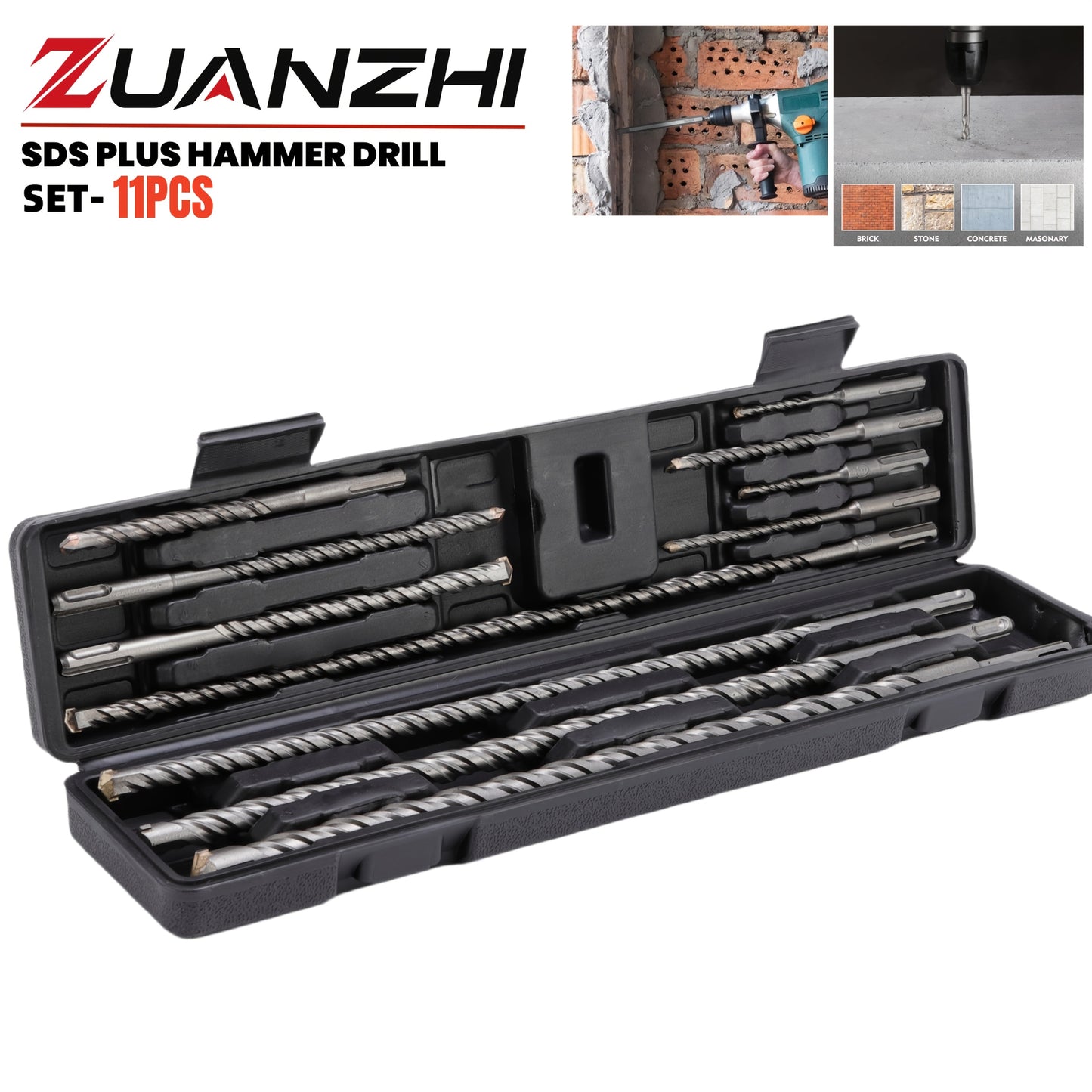 11 pièces Set de Forets Marteau SDS PULS, Forets SDS Plus pour Béton, Maçonnerie, Pierre, Brique, avec Boîte de Rangement Portable, 110mm/160mm/210mm/450mm Longueur