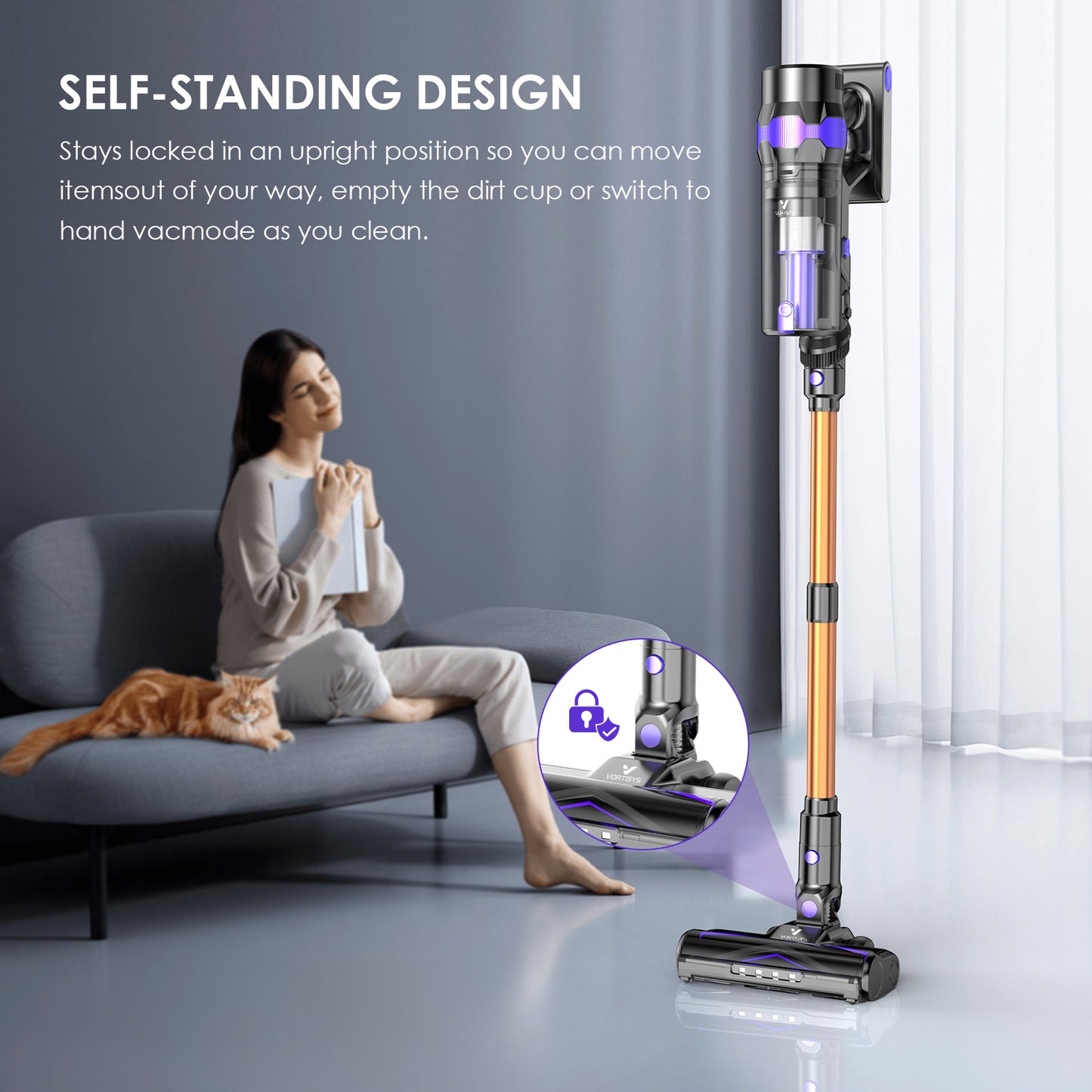 Aspirateur Balai sans Fil Vortisys, 500W/80Kpa, Autonomie Max de 60 Min, Chargement Mural, Autoportant, aspirateur avec Écran Tactile, aspirateur balai pour la Maison, Moteur 2026 le Plus Récent, V2