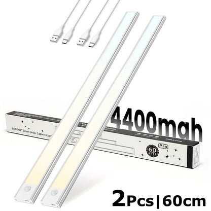 SETONR Slim LED Lampes Sous Meuble - Boîtier Métallique, Rechargeable, 450/600/2200/4400 Mah, Détecteur de Mouvement Humain, Dimmable, Adhésif, Éclairage de Cuisine à Piles pour Placards, Comptoirs et Étagères, Jusqu'à 60Cm, Longue Autonomie Disponible